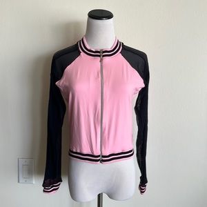 Woman’s hipkini jacket, sports size, medium pink, black sheer